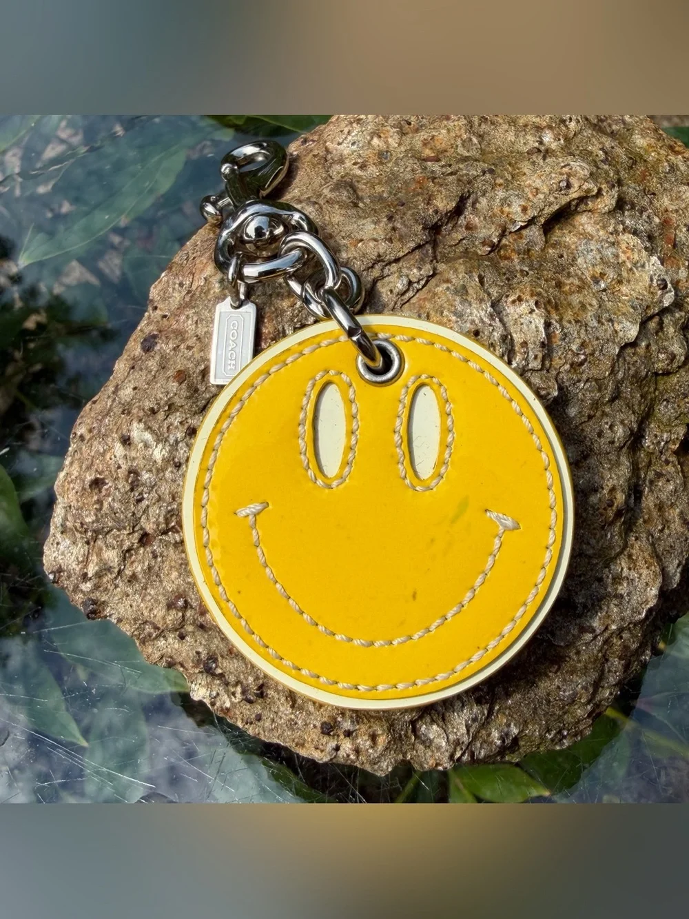 Vintage Coach Smiley Face Yellow & White Patent Leather Bag Charm Keychain